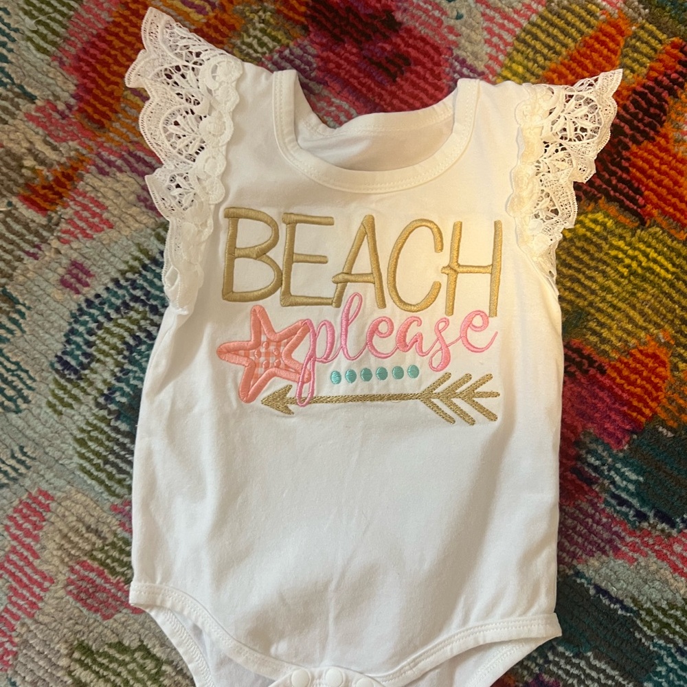 Beach Please White Lace Sleeve Baby Onesie